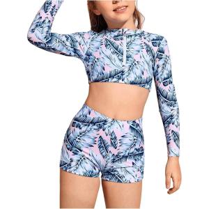 imageSHENHE Girls 2 Piece Tropical Print High Waisted Long Sleeve Bikini Swimsuit Bathing SuitMulticolor
