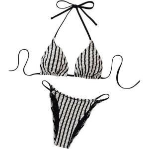 imageSHENHE Womens 2 Piece Striped Halter High Waist Tie Back Textured Sexy Bikini Set with ThongBlack and White