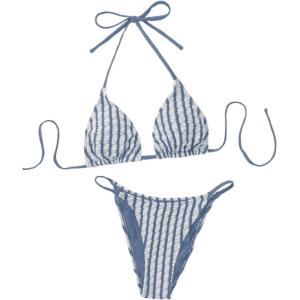 imageSHENHE Womens 2 Piece Striped Halter High Waist Tie Back Textured Sexy Bikini Set with ThongBlue