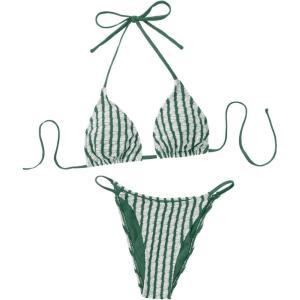 imageSHENHE Womens 2 Piece Striped Halter High Waist Tie Back Textured Sexy Bikini Set with ThongGreen