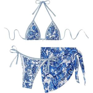 imageSHENHE Womens 3 Piece Bathing Suit Floral Halter Tie Back Thong Bikini Set with Sarong Cover UpsBlue and White