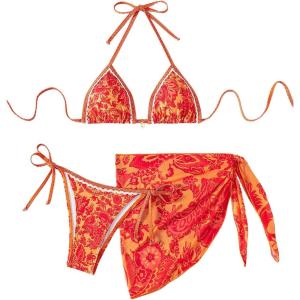 imageSHENHE Womens 3 Piece Bathing Suit Floral Halter Tie Back Thong Bikini Set with Sarong Cover UpsOrange