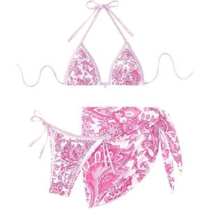 imageSHENHE Womens 3 Piece Bathing Suit Floral Halter Tie Back Thong Bikini Set with Sarong Cover UpsPink