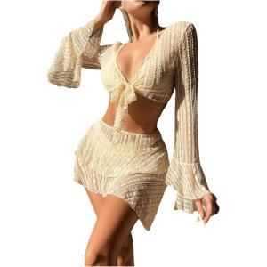 imageSHENHE Womens 4 Piece Swimsuit Halter Triangle High Cut Bikini Set with Coverup Top and SkirtApricot
