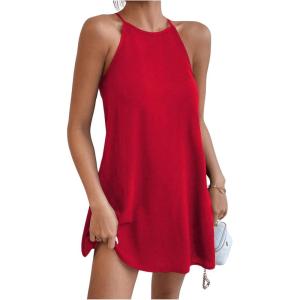 imageSHENHE Womens Casual Sleeveless Halter Neck Flared A Line Tunic Cami Mini DressesRed