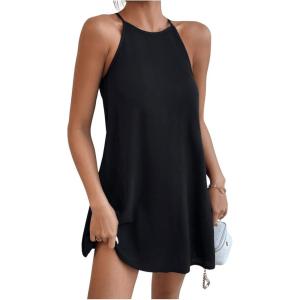 imageSHENHE Womens Casual Sleeveless Halter Neck Flared A Line Tunic Cami Mini DressesSolid Black