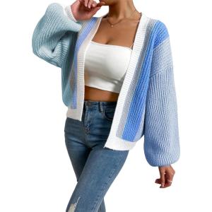 imageSHENHE Womens Color Block Open Front Long Sleeve Ribbed Knit Cropped Cardigan SweatersBlue White Multi