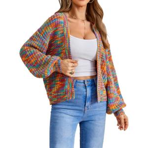 imageSHENHE Womens Color Block Open Front Long Sleeve Ribbed Knit Cropped Cardigan SweatersColorful Multicolor