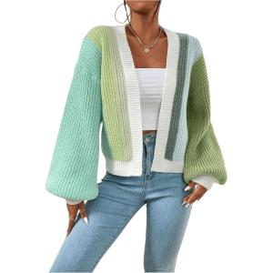 imageSHENHE Womens Color Block Open Front Long Sleeve Ribbed Knit Cropped Cardigan SweatersGreen Blue