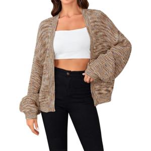 imageSHENHE Womens Color Block Open Front Long Sleeve Ribbed Knit Cropped Cardigan SweatersKhaki