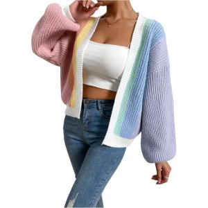 imageSHENHE Womens Color Block Open Front Long Sleeve Ribbed Knit Cropped Cardigan SweatersMulticolor