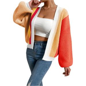 imageSHENHE Womens Color Block Open Front Long Sleeve Ribbed Knit Cropped Cardigan SweatersOrange and Red