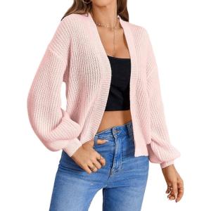 imageSHENHE Womens Color Block Open Front Long Sleeve Ribbed Knit Cropped Cardigan SweatersPink