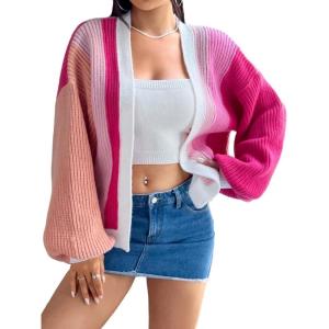 imageSHENHE Womens Color Block Open Front Long Sleeve Ribbed Knit Cropped Cardigan SweatersPink With Cami