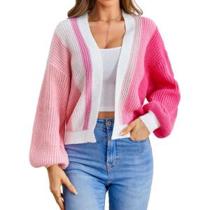 imageSHENHE Womens Color Block Open Front Long Sleeve Ribbed Knit Cropped Cardigan SweatersPink and White