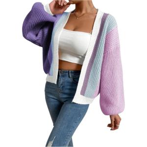 imageSHENHE Womens Color Block Open Front Long Sleeve Ribbed Knit Cropped Cardigan SweatersPurple and Blue