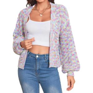 imageSHENHE Womens Color Block Open Front Long Sleeve Ribbed Knit Cropped Cardigan SweatersRainbow Multi
