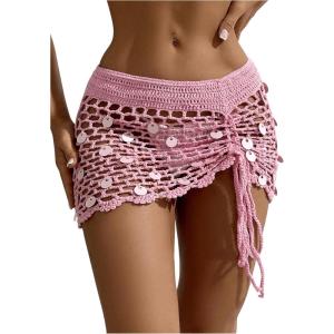 imageSHENHE Womens Crochet Bikini Cover Up Sequin Hollow Out Beach Mini Skirt Swimsuit Cover UpsPink