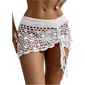 imageSHENHE Womens Crochet Bikini Cover Up Sequin Hollow Out Beach Mini Skirt Swimsuit Cover UpsWhite
