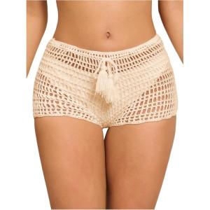imageSHENHE Womens Crochet Coverups Hollow Out Tie Waist See Through Boho ShortsBeige