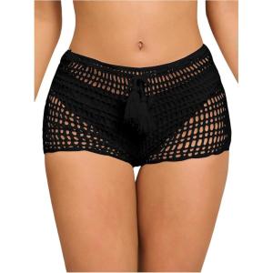 imageSHENHE Womens Crochet Coverups Hollow Out Tie Waist See Through Boho ShortsBlack