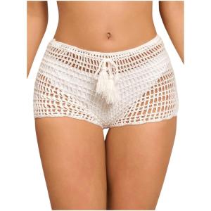imageSHENHE Womens Crochet Coverups Hollow Out Tie Waist See Through Boho ShortsWhite