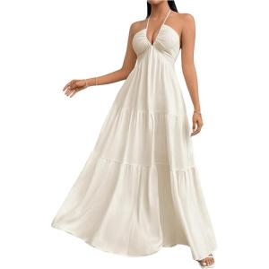 imageSHENHE Womens Deep V Neck Tie Knot Backless Halter Dress A Line Flowy Ruffle Maxi DressBeige