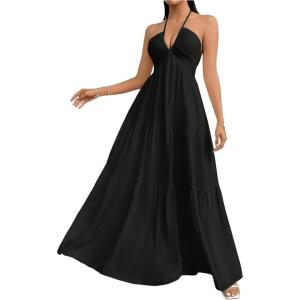 imageSHENHE Womens Deep V Neck Tie Knot Backless Halter Dress A Line Flowy Ruffle Maxi DressBlack