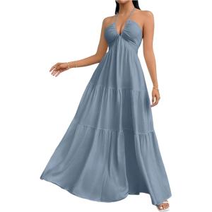 imageSHENHE Womens Deep V Neck Tie Knot Backless Halter Dress A Line Flowy Ruffle Maxi DressDusty Blue