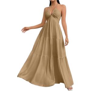 imageSHENHE Womens Deep V Neck Tie Knot Backless Halter Dress A Line Flowy Ruffle Maxi DressKhaki