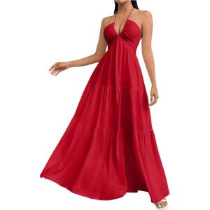 imageSHENHE Womens Deep V Neck Tie Knot Backless Halter Dress A Line Flowy Ruffle Maxi DressRed