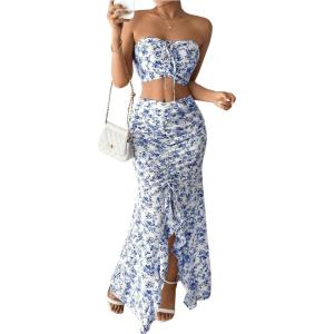 imageSHENHE Womens Floral 2 Piece Outfits Smocked Crop Tube Top and Ruched Ruffle Slit Maxi Skirt SetBlue and White