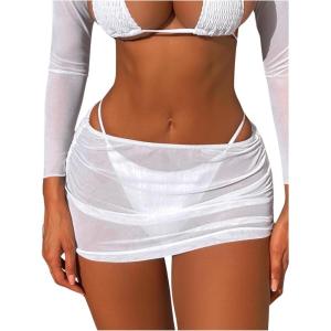 imageSHENHE Womens Mesh Swim Cover Up Skirt Drawstring Sheer Beach Mini Skirt CoverupPure White