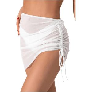 imageSHENHE Womens Mesh Swim Cover Up Skirt Drawstring Sheer Beach Mini Skirt CoverupWhite