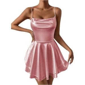 imageSHENHE Womens Open Back Layered Flowy Criss Cross Strappy Backless Sexy Party Mini DressPink