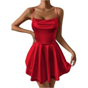 imageSHENHE Womens Open Back Layered Flowy Criss Cross Strappy Backless Sexy Party Mini DressRed