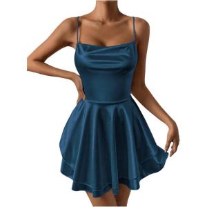 imageSHENHE Womens Open Back Layered Flowy Criss Cross Strappy Backless Sexy Party Mini DressTeal Blue