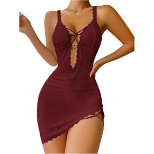 imageSHENHE Womens Ribbed Deep V Neck Floral Print Lace Trim Sexy Nightgown Chemise Slip DressBurgundy