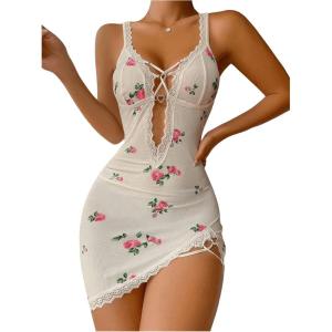 imageSHENHE Womens Ribbed Deep V Neck Floral Print Lace Trim Sexy Nightgown Chemise Slip DressPink