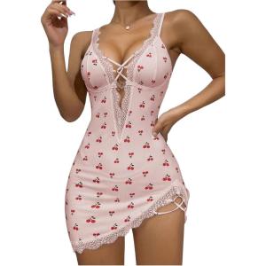 imageSHENHE Womens Ribbed Deep V Neck Floral Print Lace Trim Sexy Nightgown Chemise Slip DressPink Red Cherry