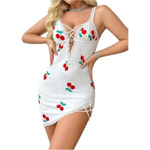 imageSHENHE Womens Ribbed Deep V Neck Floral Print Lace Trim Sexy Nightgown Chemise Slip DressWhite Cherry Print