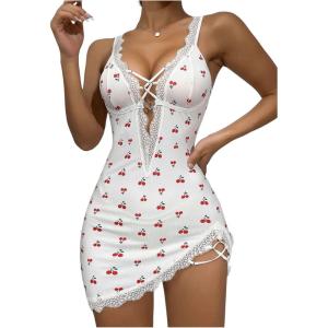 imageSHENHE Womens Ribbed Deep V Neck Floral Print Lace Trim Sexy Nightgown Chemise Slip DressWhite Red Cherry