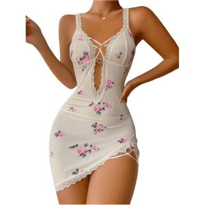 imageSHENHE Womens Ribbed Deep V Neck Floral Print Lace Trim Sexy Nightgown Chemise Slip DressWhite a