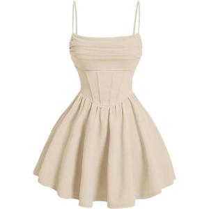 imageSHENHE Womens Ruched Corset Dress Spaghetti Strap Fit and Flare Flowy Skater Mini Cami DressApricot