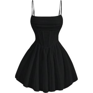 imageSHENHE Womens Ruched Corset Dress Spaghetti Strap Fit and Flare Flowy Skater Mini Cami DressBlack