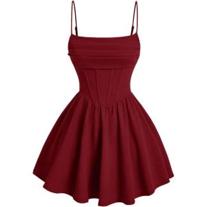imageSHENHE Womens Ruched Corset Dress Spaghetti Strap Fit and Flare Flowy Skater Mini Cami DressBurgundy