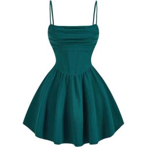 imageSHENHE Womens Ruched Corset Dress Spaghetti Strap Fit and Flare Flowy Skater Mini Cami DressDark Green
