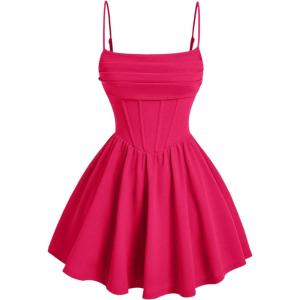 imageSHENHE Womens Ruched Corset Dress Spaghetti Strap Fit and Flare Flowy Skater Mini Cami DressHot Pink