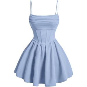 imageSHENHE Womens Ruched Corset Dress Spaghetti Strap Fit and Flare Flowy Skater Mini Cami DressLight Blue