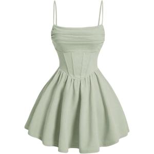 imageSHENHE Womens Ruched Corset Dress Spaghetti Strap Fit and Flare Flowy Skater Mini Cami DressMint Green
